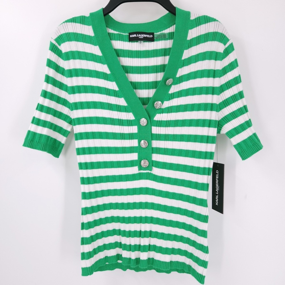 Karl Lagerfeld Paris Striped Short Sleeve V Neck Button Green Shirt Womens XS